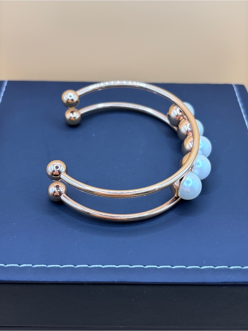 Classic Glass Pearl Accent Cuff Bracelet - Gold Tone - Picture 4 of 8